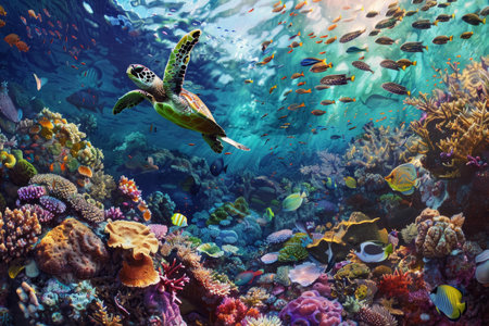 Colorful coral reef with diverse marine life. Underwater scene. World Oceans Day celebration. Poster design.の素材