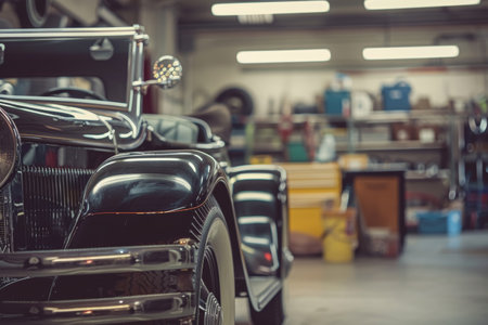 Vintage turquoise car being restored in a well-equipped workshop. Restoration detail shot.の素材
