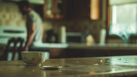 Tense kitchen scene with broken dish on counter and blurry figure in background, depicting aftermath of domestic violence.の素材