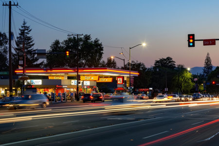 City gas station at dusk with dynamic street lights. Evening urban scene.の素材