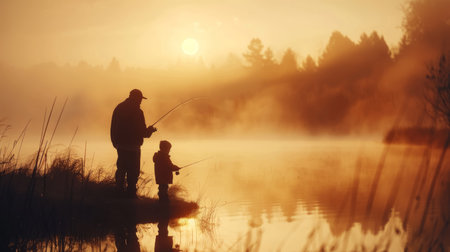 Father teaching son fishing at dawn by misty lake. A serene bonding moment captured with nature's tranquility as the backdrop.の素材