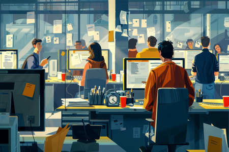 Detailed scene at recruitment agency with agents on phones and computers, papers, and coffee cups against active screens.の素材