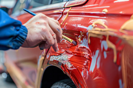Close-up of hand applying red touch-up paint to a car scratch, precision work in automotive care. Macro shot for design and print.の素材