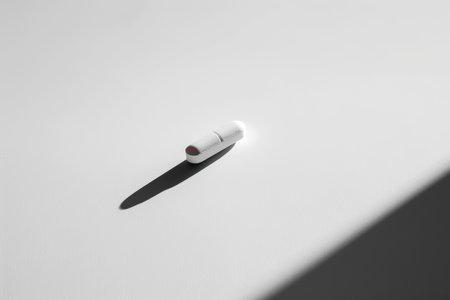 Single pill with monster-shaped shadow, symbolizing drug dangers. Minimalist design for health campaigns, posters, and educational content.の素材