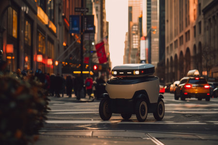 Futuristic autonomous delivery robot on a busy city sidewalk at night. Urban technology lifestyle photography with copy space. Robotics and AI delivery concept. Design for banner, poster.の素材