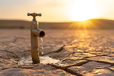Water tap in cracked earth with sunset background. Environmental water scarcity and drought concept. Design for posters, banners, awareness campaigns.の素材