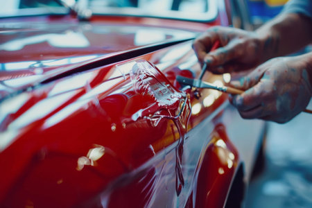 Close-up of hand applying red touch-up paint to a car scratch, precision work in automotive care. Macro shot for design and print.の素材