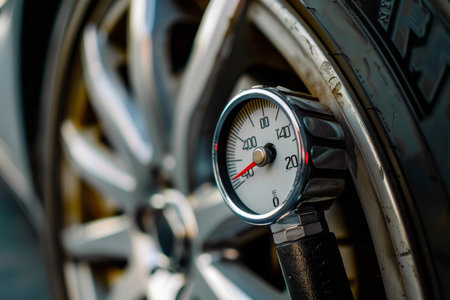 Close-up of motorcycle tire pressure gauge. Automotive detail photography with shallow depth of field. Vehicle maintenance and safety concept for design and print.の素材