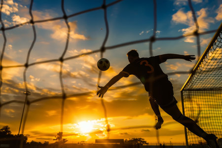 Silhouette of a soccer player heading a ball at sunset. Dramatic outdoor sports scene with a golden sky. Football training concept for banner and poster design.の素材