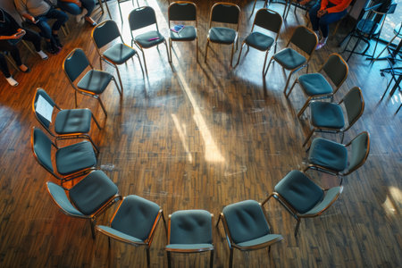 Empty chairs arranged in a circle in a room with wooden floor, potential group therapy session.の素材