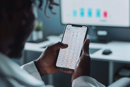 Close-up view of a calendar app open on a smartphone held by a person in business attire.の素材