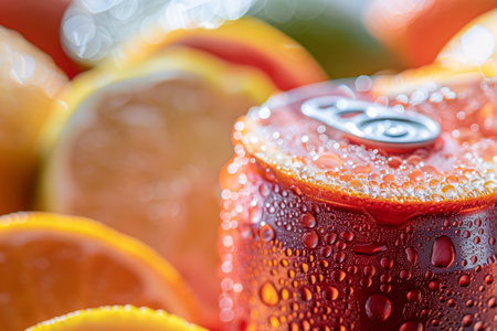 Macro shot of soda can with condensation. Vibrant citrus fruit background. Refreshment and summer drink concept. Design for beverage ad, banner, refreshing summer theme.の素材