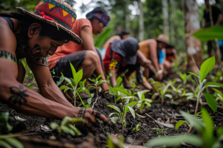 Indigenous women planting crops together in soil. Cultural agriculture and teamwork concept with vibrant attire.の素材