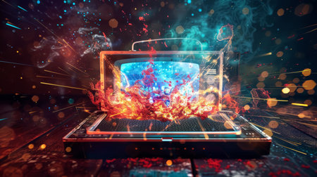 Laptop with abstract digital explosion effect on a dark background. Design for posters, wallpaper, and banners.の素材