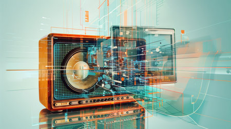 Vintage radio with a futuristic hologram interface. Design for music, retro themes, and posters.の素材