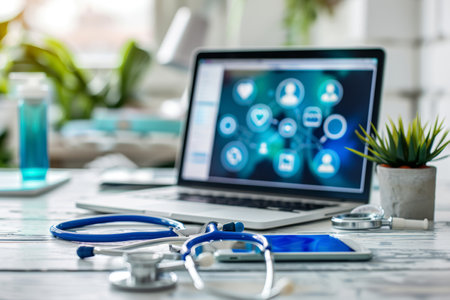 Doctor interacting with medical social media content on laptop. Digital healthcare communication concept.の素材