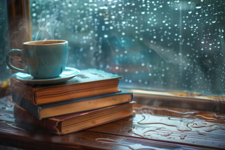 Steaming cup on books with rainy window background. Perfect indoor day concept with warm drink and reading material.の素材