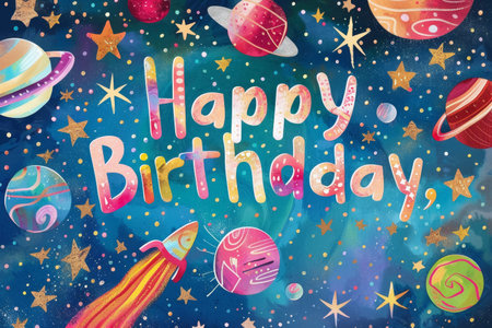 Happy Birthday card with a colorful cosmic theme. Festive illustration for greeting and celebration.の素材