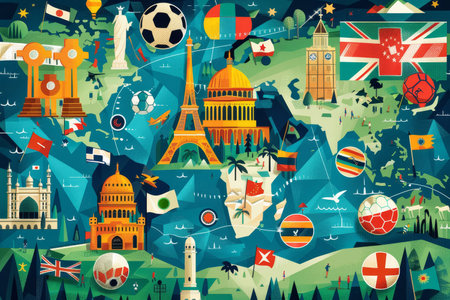 A vibrant illustration of a city hosting a global soccer event, embellished with famous landmarks, oversized soccer balls, and international flagsの素材