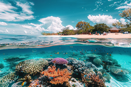 Over and under water split view of sandy beach and vibrant coral reef, depicting ecosystem diversity. Marine life and leisure concept for World Oceans Day.の素材