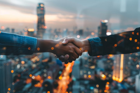 Two hands shaking firmly with blurred cityscape in the background. Business partnership concept.の素材