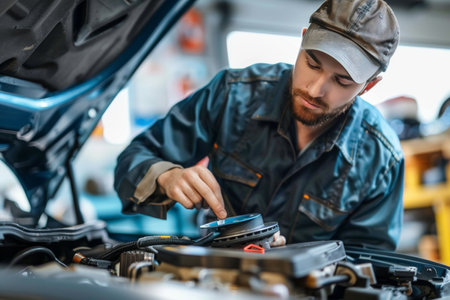 Mechanic in dirty workwear inspecting vehicle brakes. Professional automotive maintenance concept for design and print.の素材