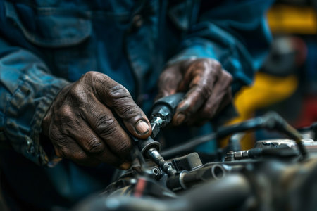 Detailed close-up of mechanic's hands repairing machine engine. Technical expertise.の素材