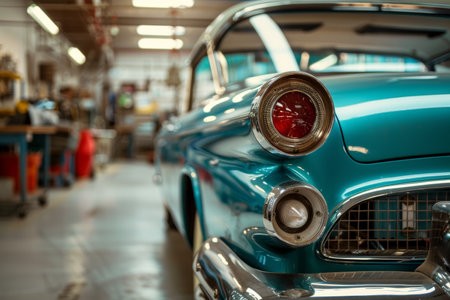 Vintage turquoise car being restored in a well-equipped workshop. Restoration detail shot.の素材