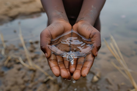 Close-up of child's hands cupping a small amount of water on parched ground. Water scarcity concept.の素材