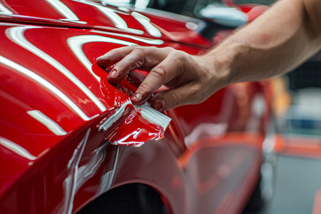 Close-up of hand applying red touch-up paint to a car scratch, precision work in automotive care. Macro shot for design and print.の素材
