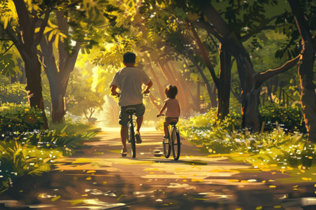 Father helps child with bike riding on a sun-dappled path in a green park. Milestone moment concept. Design for poster.の素材