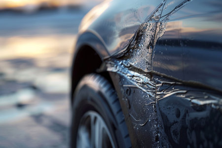 Close-up of a scratched car door. Detail vehicle damage photography. Auto repair and insurance concept for design and print.の素材