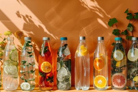 Infused water in transparent bottles with various fruits. Sunny shadow play photography. Healthy lifestyle and hydration concept.の素材