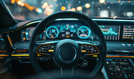 High-tech dashboard display with AI-generated maintenance alerts in vehicle. Close-up automotive photography with copy space. Smart car interface concept. Design for header, poster.の素材
