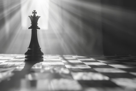 Chess king piece casting a long shadow on the board, illuminated by sunlight. Strategy concept.の素材