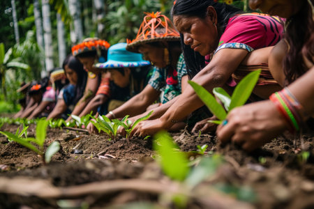 Indigenous women planting crops together in soil. Cultural agriculture and teamwork concept with vibrant attire.の素材