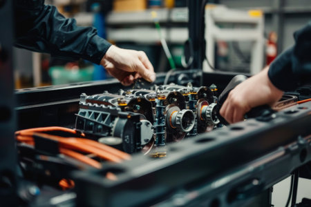 Close-up of an electric vehicle's motor during maintenance, showcasing technological automotive innovation. Suitable for design and print.の素材