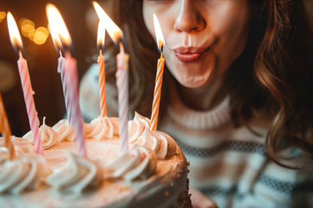 Person blowing out candles on birthday cake. Close-up of birthday tradition.の素材