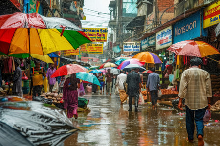 Busy street market with people holding umbrellas in rain. Urban photography with "Monsoon Sale" banners. Rainy day shopping scene.の素材