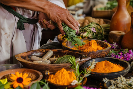 Assorted dried herbs in terracotta bowls for a gastronomy conference. Herbal symposium theme for design and educational purposes.の素材