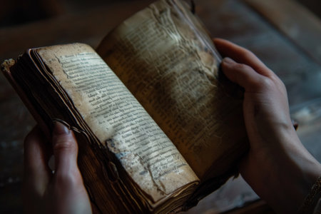 Close-up of elderly hands holding open antique book. Vintage literary work concept. Design for heritage poster, educational material, historical study.の素材