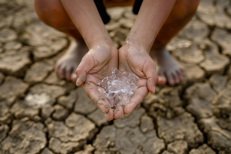 Close-up of child's hands cupping a small amount of water on parched ground. Water scarcity concept.の素材