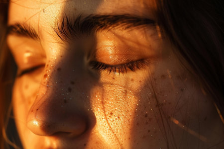 Close-up of freckled skin and green eye with golden hour lighting, serene beauty portrait. Suitable for design and print.の素材