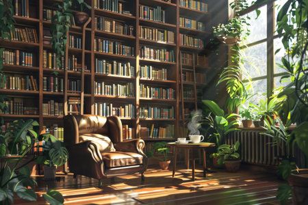 Digital artwork of a library corner with plants in sunlight. Peaceful reading space for wallpaper and print.の素材