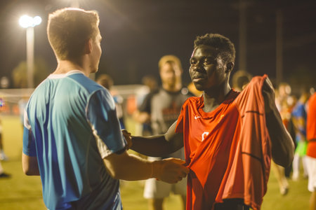 Two soccer players exchanging shirts at night. Sportsmanship and respect concept for design and print.の素材