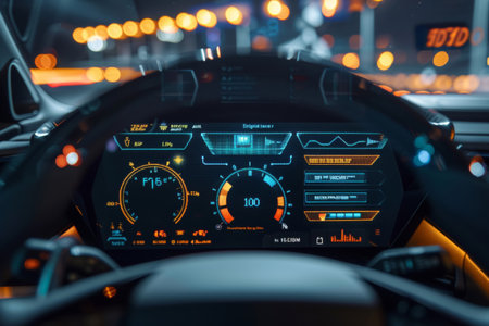 High-tech dashboard display with AI-generated maintenance alerts in vehicle. Close-up automotive photography with copy space. Smart car interface concept. Design for header, poster.の素材