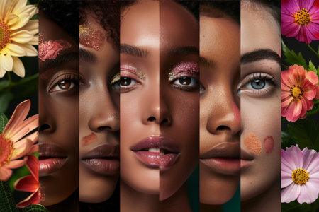 Collage of diverse women's faces with natural makeup. Close-up studio beauty portrait. Cosmetics and diversity concept. Design for beauty ads, banner, makeup tutorial.の素材