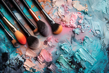 Assorted makeup brushes on vibrant paint strokes. Artistic still life studio photography. Creative arts and beauty concept for design and printの素材