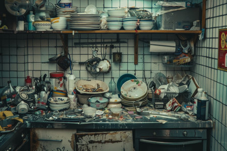 Overfilled kitchen sink and counter with dirty dishes. Realistic indoor photography with no copy space. Kitchen cleaning and hygiene concept. Design for poster, banner.の素材