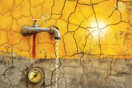 Water tap in cracked earth with sunset background. Environmental water scarcity and drought concept. Design for posters, banners, awareness campaigns.の素材